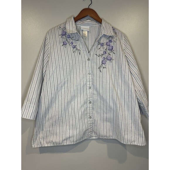 Alfred Dunner Women’s White Gray Striped Button Up Purple Flowers Sz XL - Picture 1 of 9